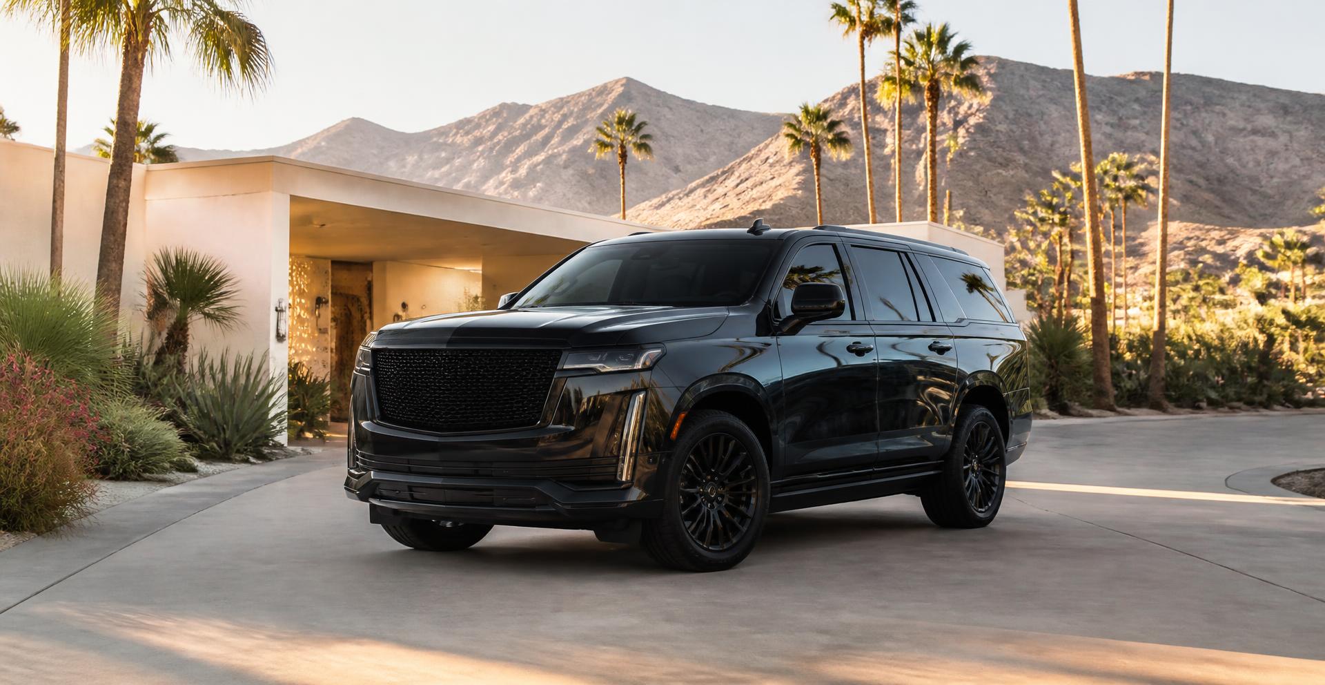 Black luxury SUV outside a Palm Springs home beneath palms and mountains